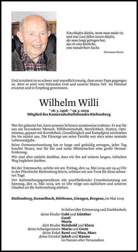 Todesanzeigen Von Wilhelm Willi Todesanzeigen Vorarlberger Nachrichten