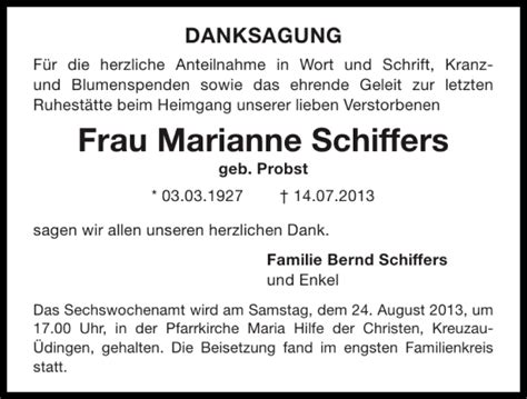 Traueranzeigen Von Frau Marianne Schiffers Aachen Gedenkt