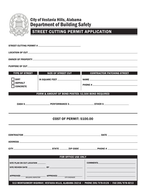 Fillable Online Street Cutting Permit Application Vestavia Hills Fax