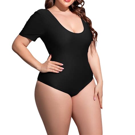 JGGSPWM Solid Bikini Plus Size Swimsuit For Women Scoop Neck Short Sleeve Square Open Back