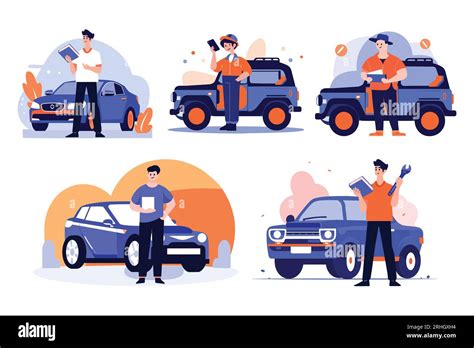 Hand Drawn Car Mechanic Checking Car Equipment At The Garage In Flat