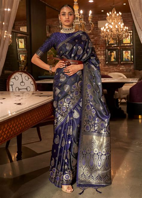 Dazzling Blue Banarasi Satin Silk Saree Urban Womania