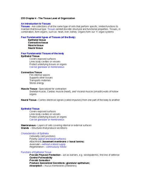 233 Ch4 Student Outline - 233 Chapter 4 - The Tissue Level of
