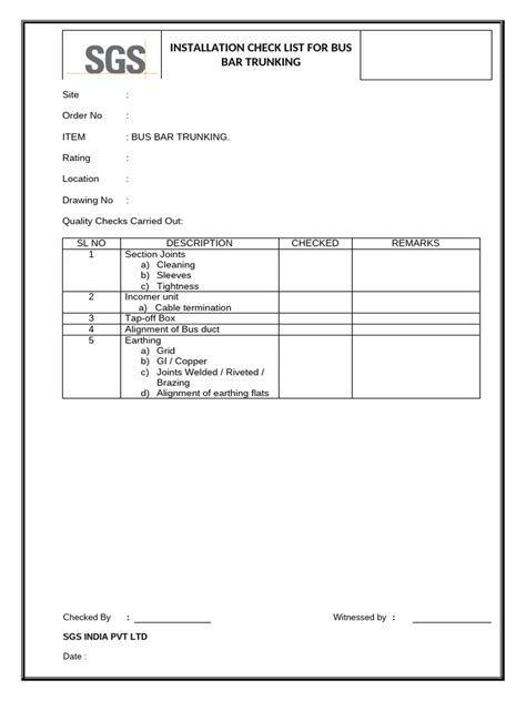 bus bar trunking installation checklist