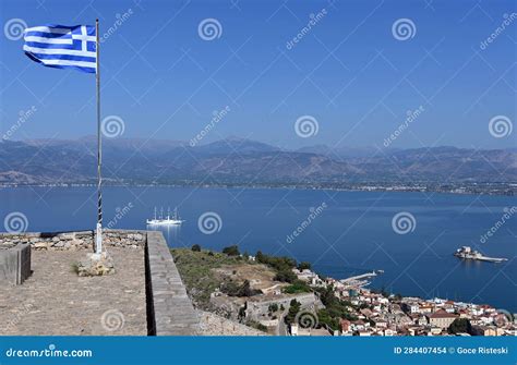 Greek Flag On The Palamidi Fortress In Nafplio Greece Stock Photo