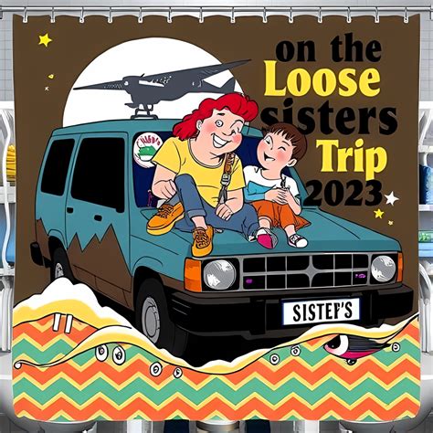Vibrant Cartoon Sisters Road Trip Shower Curtain - Teal SUV Vintage