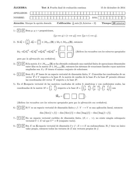 Examen Diciembre 2014 Preguntas Y Respuestas ALGEBRA Test A Prueba