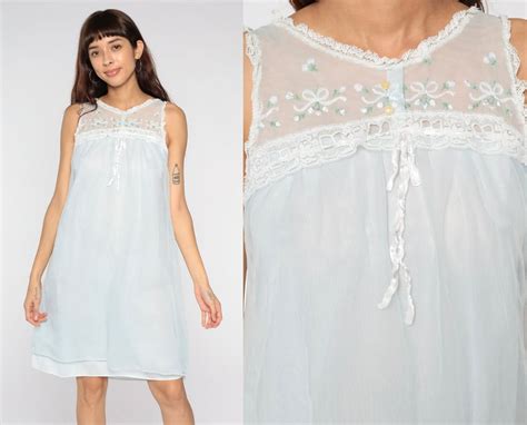 Baby Blue Nightgown 70s Lingerie Dress Embroidered Lace Bib Flowy Shop Exile Tucson AZ