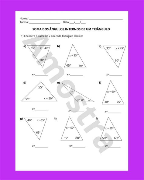 Soma Dos Ângulos Internos De Um Triângulo Exercícios - Listas de Exercícios de Soma dos Ângulos Internos de um Triângulo Valor ...