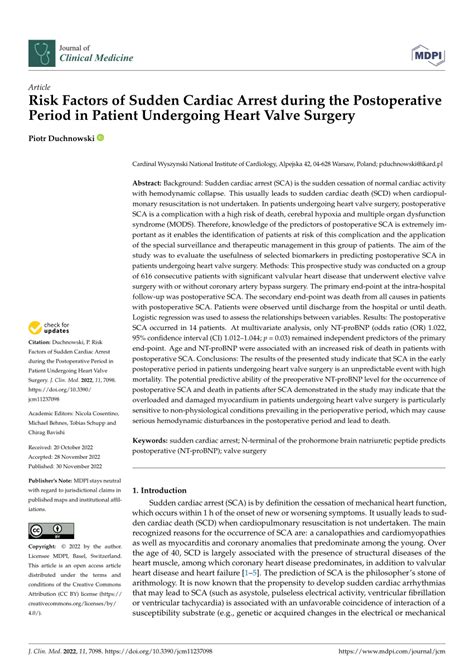 Pdf Risk Factors Of Sudden Cardiac Arrest During The Postoperative