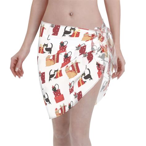Adobk Women Beach Sarong Bathing Suit Cute Cat And Christmas Gift Print Wrap Skirt Sheer Bikini