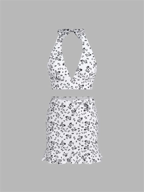 Floral Halter Bikini Swimsuit With Beach Skirt Cider