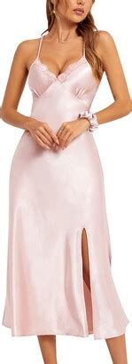 Alcea Rosea Women S Long Satin Negligee Nightgowns Lace Lingerie Chemises Sleepwear High Split