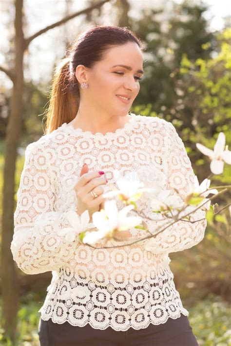 Smiling Brunette Woman With Nude Makeup Wearing Lace Blouse Po Stock Photo Image Of Girl