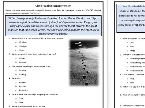 Ks2 Ks3 Literacy English Reading Comprehension Close Reading Worksheet Horror Gothic Inference