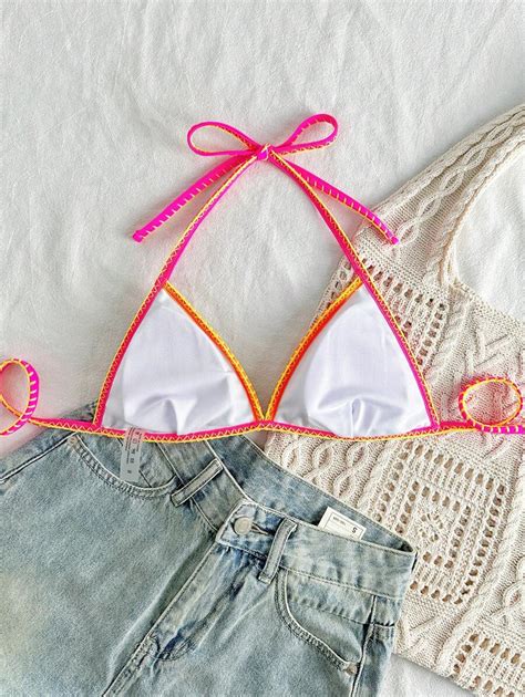 Maiô Bikini Halter Minimalista Elegante Blocos de Cores e Botões de