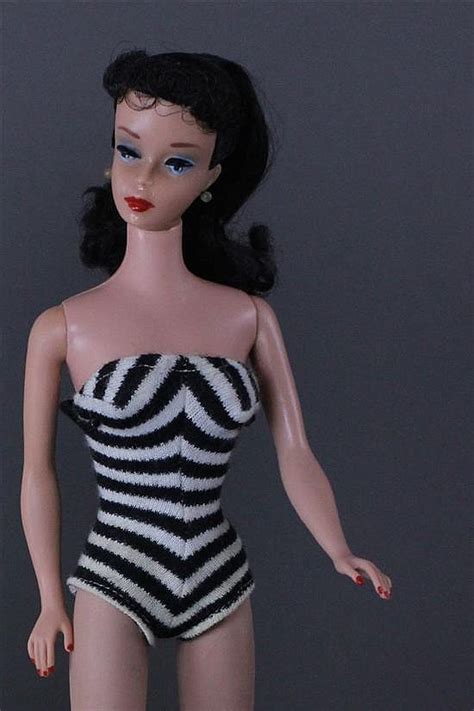 Lot Brunette Ponytail Barbie In Black And White Striped One Piece Swimsuit Doll Has