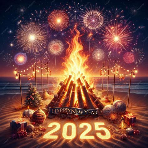 Dia De Fogueira 2025 - Grande fogueira na praia com 2025 iluminados à luz do fogo | imagem ...