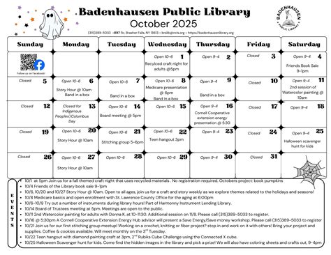 October Calendar of Events - Badenhausen Public Library