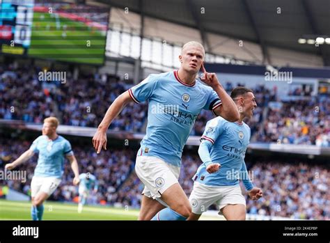 Manchester Citys Erling Haaland Celebrates Scoring Their Sides Second