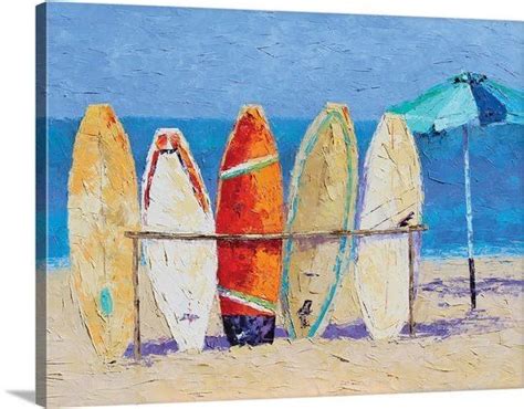 Contemporary Painting Of Surfboards Lined Up A Beach Next To A Blue