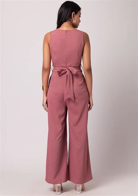 Buy Women Pink V Neck Jumpsuit With Belt Drs05883 Except Designer