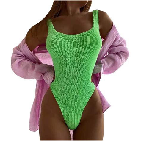 Jggspwm Women S Neon One Piece Swimsuits Sexy Bathing Suit Square Neck Solid Bikini Swimwear