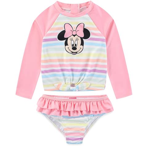 Disney Minnie Mouse Upf Long Sleeve Rash Guard Bikini Bottom Girls Piece Swimsuit Set