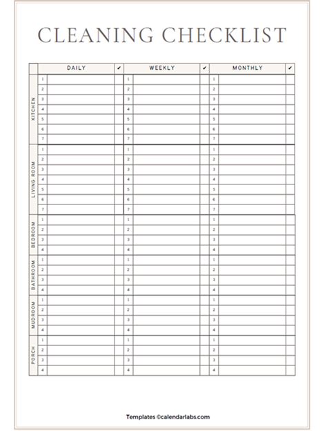 Blank Cleaning Checklist Template