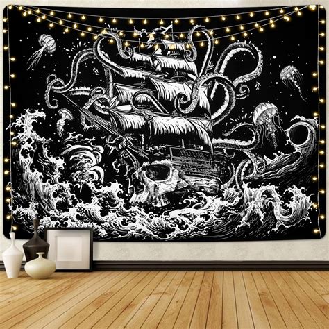 Alishomtll Ocean Wave Tapestry Aesthetic Skeleton Sailboat Octopus Wall