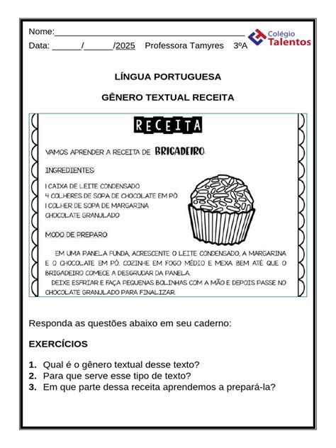 Genero Textual Receita Com Interpretação - Atividades sobre Gênero Textual Receita | PDF
