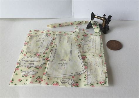 1 12th Scale Handmade Miniature Dollshouse Dressmakers Pattern On Material Sewing Machine And