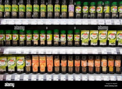 Herbs And Spices By Schwartz On Display On A Supermarket Shelf Stock