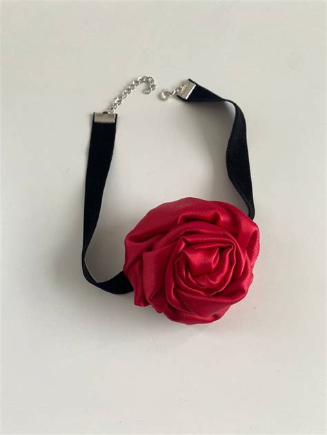 Rose Flower Choker Necklace Satin Red Rose Choker Velvet Etsy