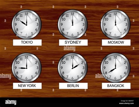 The World Clock Different Time Zones Clock On The Wooden Wall Stock Vector Image And Art Alamy