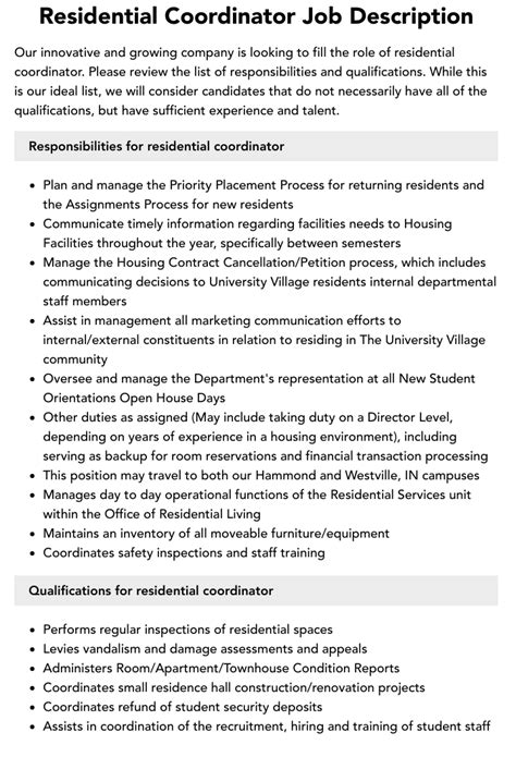 Residential Coordinator Job Description Velvet Jobs