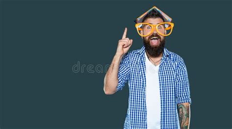 Amazed Inspired With Idea Funny Bearded Man In Party Glasses With Book