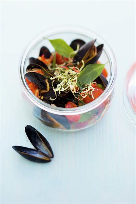 Mussels In A Tomato And Coconut Broth With Crispy Ginger Pesto In A Jar