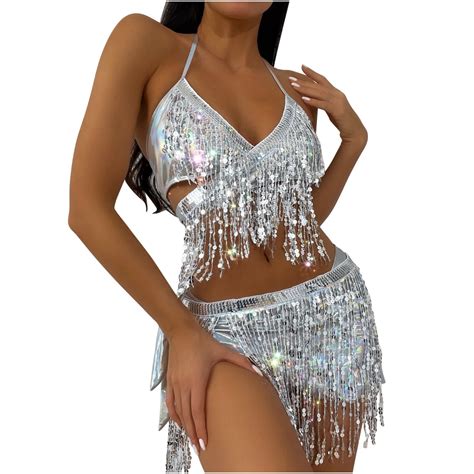 Floleo Swimsuits For Women Plus Clearance Girl Women S Bikini Split Swimwear Tassel Sequin
