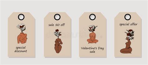 Vector Set Of Discount Price Tags Labels With Naked Women Body With Flowers And Leaves Stock