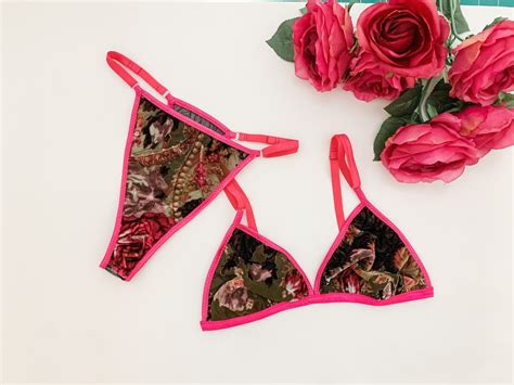 Velvet Green And Pink Floral Lingerie Set Boudoir Lingerie Thong Embroidery Bridal Lingerie