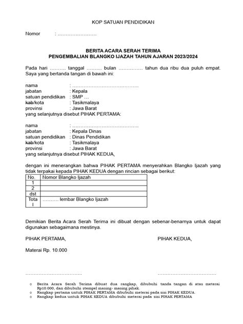 Format Ba Pengembalian Blangko Ijazah 2024 Pdf