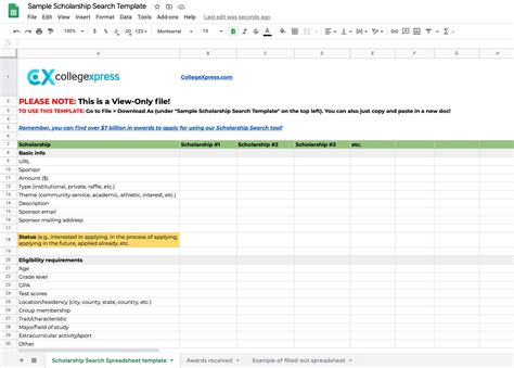 Free Scholarship Search Spreadsheet Template | CollegeXpress