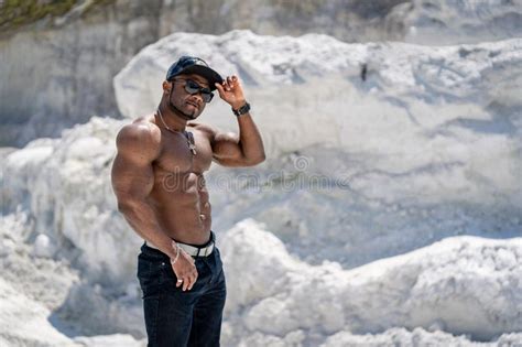 African Bodybuilder With Shirtless Strong Body Athletic Muscular Man Standing With Naked Torso