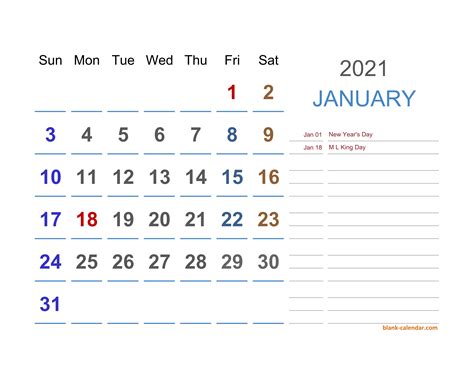 Free download 2021 excel calendar large space for notes (horizontal)