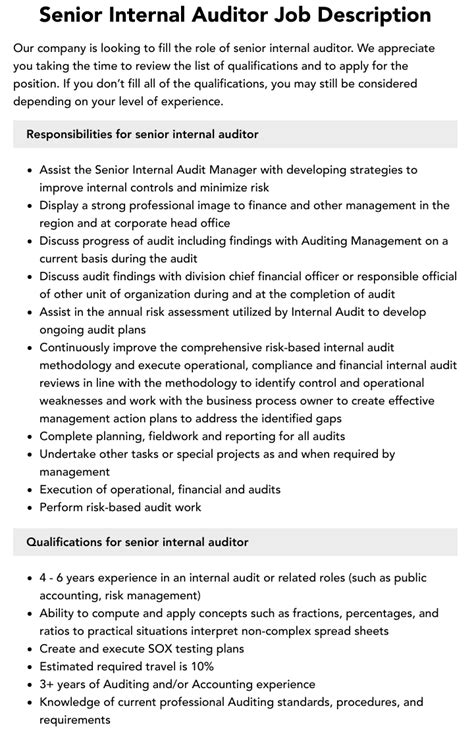 Senior Internal Auditor Job Description Velvet Jobs