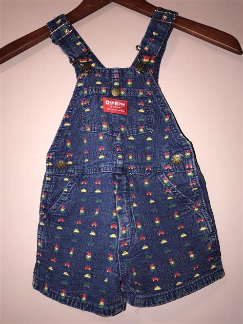 VINTAGE OSHKOSH B GOSH CARS DENIM JEAN VESTBAK OVERALLS SHORTS 3T Made