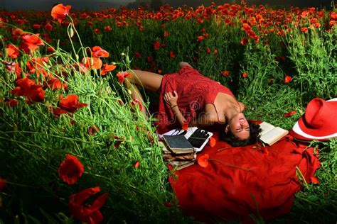 Inspiration From Nature Naked Landscape Spring Woman On Poppy Flower Field Orgasm Erotic