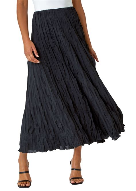 Roman Black Crinkle Textured Elastic Waist A Line Midi Skirt Matalan