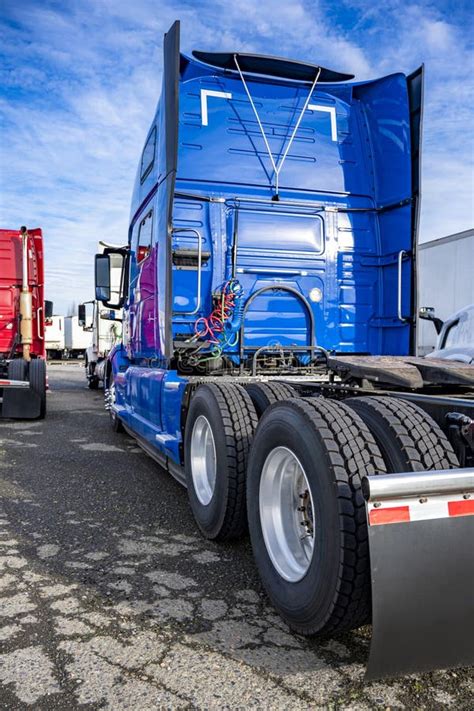 Blue Big Rig Semi Truck Tractor With Twin Axles And Wheels With New